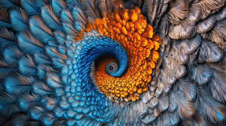 A stunning close-up of a peacock feather, focusing on its vibrant blue and orange center, showcasing intricate details and colors.の素材