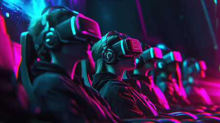 A vibrant image of multiple viewers in a dark cinema, wearing VR headsets and lost in immersive experiences, capturing the essence of modern entertainment technology.の素材