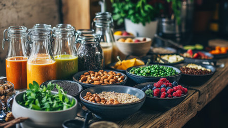 An enticing image of assorted nut milks in clear bottles, displayed with fresh ingredients in bowls on a rustic wooden table, highlighting a healthy lifestyleの素材