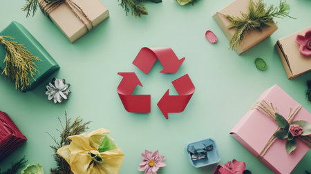 A recycling symbol at the center, surrounded by eco-friendly packaging, representing sustainability and the importance of recycling.の素材