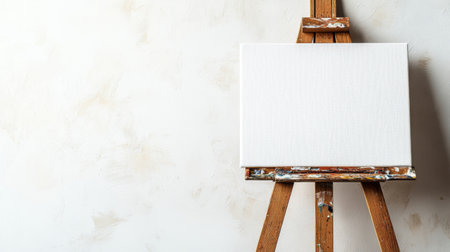 A simple wooden easel stands with a blank canvas, isolated on a clean white background, ready for the artist next creation.の素材