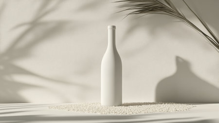 An elegant minimalist wine bottle displayed against a neutral background, casting soft shadows and surrounded by rice, perfect for branding and advertising.の素材