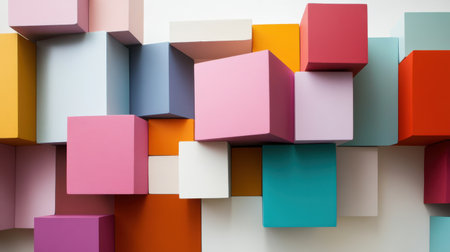 A vivid display of 3D blocks in various colors and sizes, artistically grouped to form a dynamic and engaging visual composition.の素材