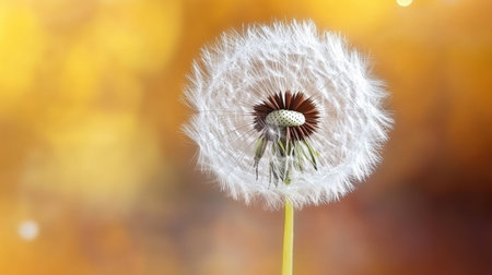 An enchanting macro shot of a dandelion, showcasing its delicate, fluffy seeds with a blurred background that highlights its natural beautyの素材
