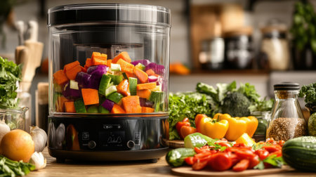 Brightly colored vegetables chopped and placed inside a food processor, surrounded by other fresh ingredients, symbolizing healthy food preparation.の素材