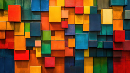 A vivid display of 3D blocks in various colors and sizes, artistically grouped to form a dynamic and engaging visual composition.の素材