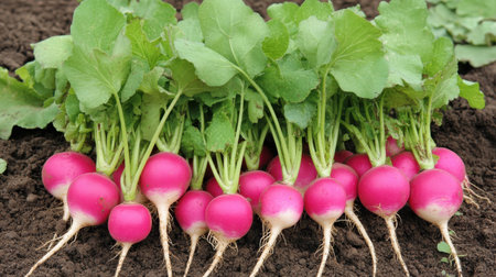 Fresh radish plants thrive in rich garden soil, showcasing their vibrant green leaves and healthy roots as they grow towards the sunlightの素材