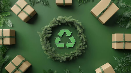 Eco-friendly packaging materials encircling a green recycling symbol, set against a lush green background, promoting environmental awarenessの素材