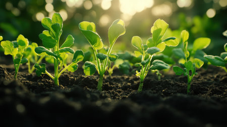 Fresh radish plants thrive in rich garden soil, showcasing their vibrant green leaves and healthy roots as they grow towards the sunlightの素材