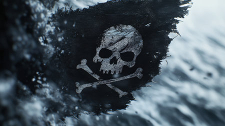 A close-up of a pirate flag in mid-air, edges fraying, skull-and-crossbones design on dark fabric, ocean waves in the backgroundの素材