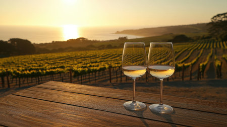 Two wine glasses resting on a wooden table, with a beautiful vineyard stretching into the horizon, bathed in the golden glow of a sunset.の素材