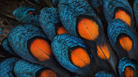 The mesmerizing detail of a peacock feather captured in close-up, showcasing the vibrant blue and orange patterns, creating an enchanting visual.の素材