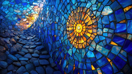 The intricate patterns of blue stained glass glow brightly, illuminating the surrounding area with rich, colorful light.の素材