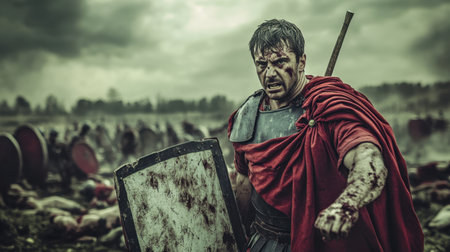 A fierce Roman soldier on a battlefield, surrounded by the aftermath of a fight, his shield and sword raised, determined and unyielding in the midst of warの素材