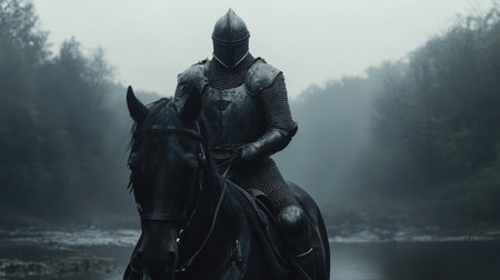 A heavily armored knight mounted on a horse, charging across the battlefield, the knight armor shining, ready for battleの素材