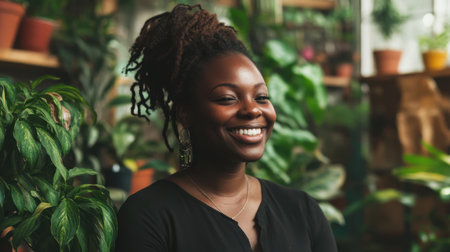 A happy female small business owner in her plant shop, surrounded by greenery, her smile reflecting her dedication and joy in her workの素材