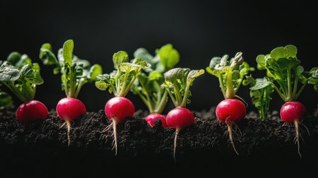 Vibrant radish plants are seen growing in dark, nutrient-rich soil, showcasing their healthy green leaves and the potential for a bountiful harvest.の素材