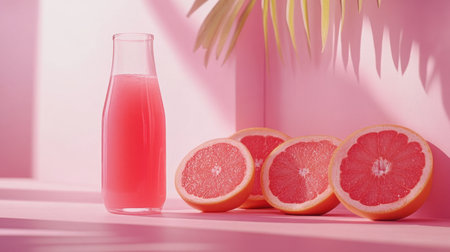 A bottle and glass of grapefruit juice on a minimalist light background, space for design or text, perfect for a refreshing, healthy themeの素材
