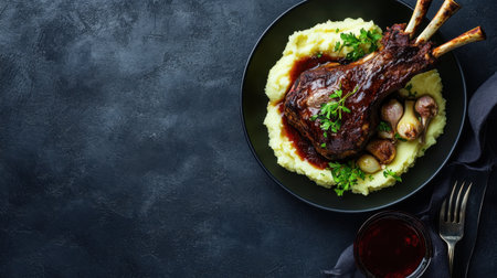 A beautifully plated braised lamb shank in red wine sauce, served with mashed potatoes and shallots, top view with ample copy space for text or designの素材