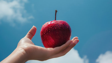 A hand holding a shiny red apple against a blue skyの素材