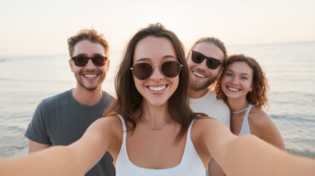 Capture the essence of friendship with this joyful group enjoying a beach day as they take a cheerful selfie, filled with smiles and warm sunlit moments.の素材