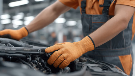 A professional auto service team member works diligently on a damaged vehicle in a well-equipped workshop, showcasing skills in maintenance and repair of engines.の素材