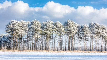 Serene winter landscape with tall trees covered in fresh snow, creating a peaceful, untouched winter wonderland.の素材