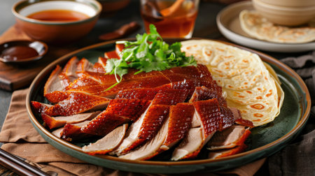 Chinese Peking duck sliced and served with pancakesの素材