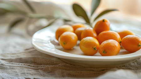 Fresh kumquats arranged on a white plateの素材