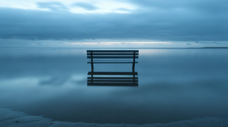 Serene beach with an empty bench, the calm waters and soft light creating a reflective, quiet moment.の素材