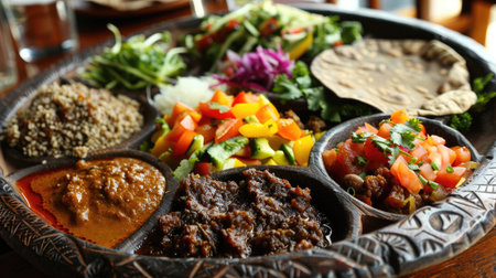 An Ethiopian injera plate with various stews and saladsの素材