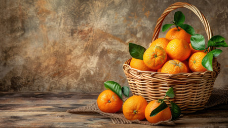 Freshly picked mandarins in a basket on a wooden tableの素材