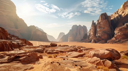 A mesmerizing desert landscape with dramatic rock formations and a clear skyの素材