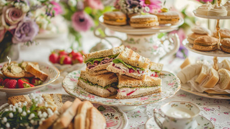 A British afternoon tea setup with scones and finger sandwichesの素材