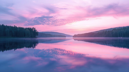 A serene lake at dusk with a pink and purple sky reflected in the waterの素材