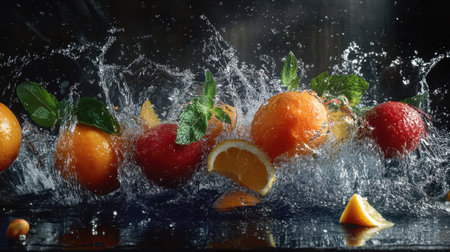 A captivating image of vibrant citrus fruits splashing into water, with fresh mint leaves adding color and life to the dynamic scene.の素材
