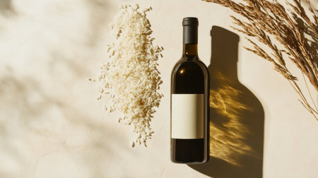 A striking minimalist composition featuring a wine bottle, showcasing soft shadows and rice against a neutral background, emphasizing elegance in branding.の素材