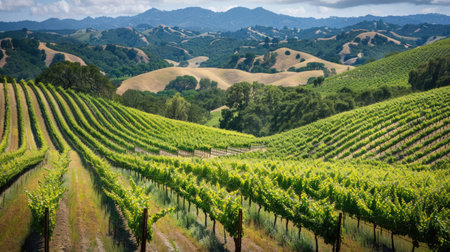 A picturesque vineyard with rows of grapevines and rolling hillsの素材