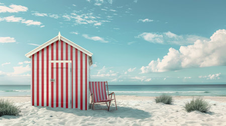 Cute beach hut with striped walls, summer retreatの素材