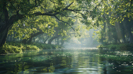 A tranquil river flowing through a forest with overhanging trees and dappled lightの素材