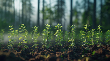 A forest being replanted, representing reforestation efforts and carbon sequestrationの素材