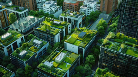 A cityscape with electric vehicle charging stations and green rooftops, representing urban sustainabilityの素材