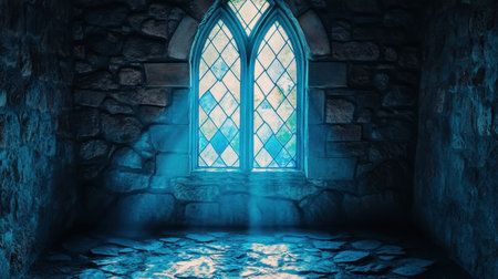 A stunning blue stained glass window radiates a soft, colorful glow, creating a mesmerizing play of light and shadowの素材