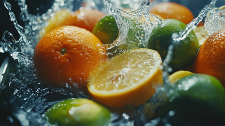 A close-up shot of fresh citrus fruits, including oranges, lemons, and limes, splashing in water, showcasing their vivid colors and juicy textures.の素材