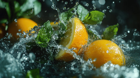 A captivating image of vibrant citrus fruits splashing into water, with fresh mint leaves adding color and life to the dynamic scene.の素材