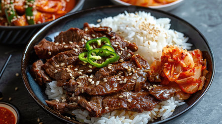 Korean bulgogi beef served with rice and kimchiの素材