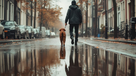 Man walking his brown dog on a rainy street, both wearing rain gear, with puddles and reflections on the wet pavementの素材