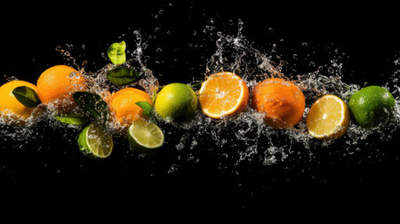 A dynamic image of ripe citrus fruits like oranges, lemons, and limes splashing water, emphasizing their vibrant colors and refreshing nature.の素材