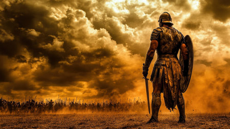 A Roman soldier stands tall on a vast battlefield, armor glinting in the sunlight, his shield and sword raised, ready for battle amidst dust and chaosの素材