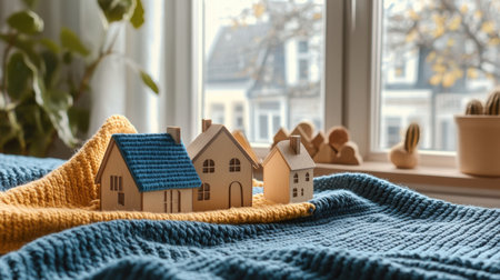 A set of wooden figurine houses placed on a knitted blue and yellow blanket, positioned by the window, creating a cozy and warm atmosphere.の素材